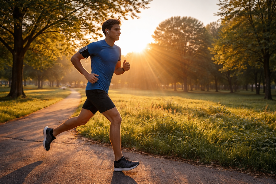 Löpare springer på en parkstig i soluppgång med gyllene morgonljus mellan träden.